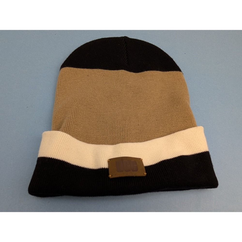 Ugg Color Block Logo Black Beige White Beanie Hat OS Women